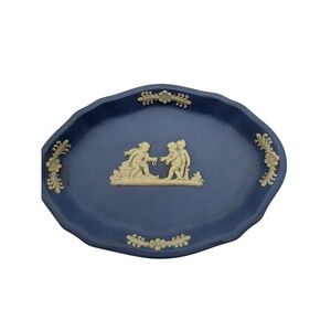 Wedgwood Blue Jasperware Oval Trinket Dish Cherubs Made in England 4.5 Inch